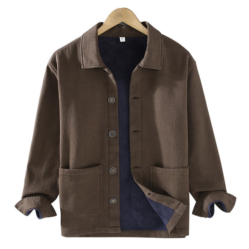 Buddha Stones Men's Plain Long Sleeve Thermal Fleece-Lined Ramie Linen Cotton Jacket With Pockets - image 15