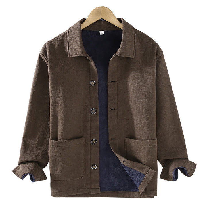 Buddha Stones Men's Plain Long Sleeve Thermal Fleece-Lined Ramie Linen Cotton Jacket With Pockets - image 15