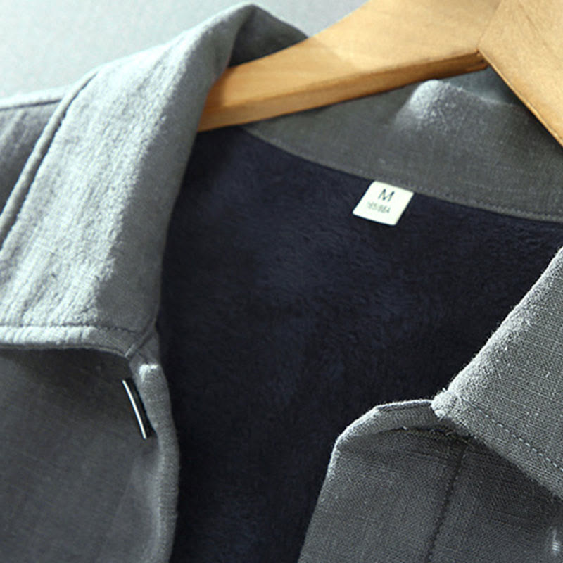 Buddha Stones Men's Plain Long Sleeve Thermal Fleece-Lined Ramie Linen Cotton Jacket With Pockets - image 3