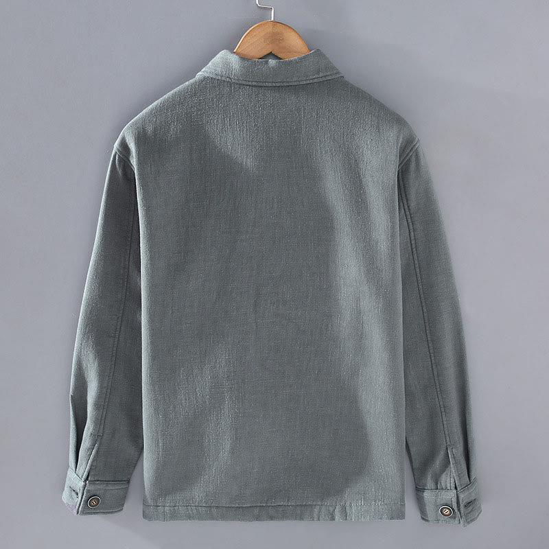 Buddha Stones Men's Plain Long Sleeve Thermal Fleece-Lined Ramie Linen Cotton Jacket With Pockets - image 1