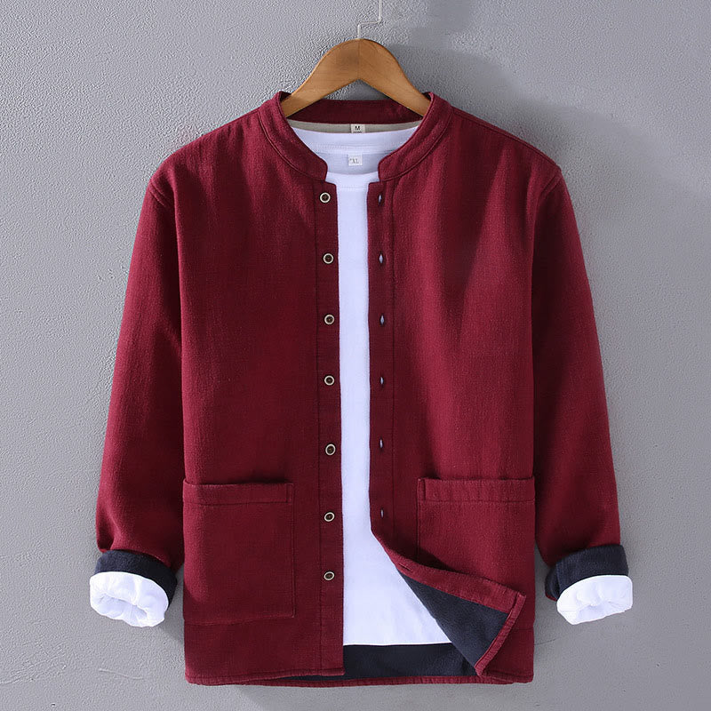 Buddha Stones Men's Stnad Collar Long Sleeve Thermal Fleece-lined Ramie Jacket With Pockets - FireBrick - US/UK/AU42，EU52 (3XL) - image 1