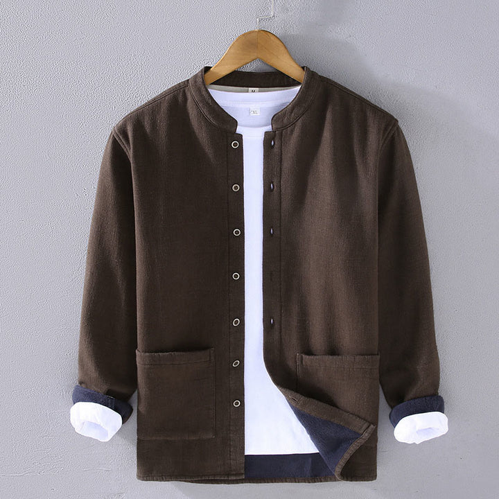 Buddha Stones Men's Stnad Collar Long Sleeve Thermal Fleece-lined Ramie Cotton Jacket With Pockets - SaddleBrown - US/UK/AU42，EU52 (3XL) - image 0