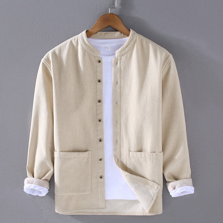 Buddha Stones Men's Stnad Collar Long Sleeve Thermal Fleece-lined Ramie Jacket With Pockets - Beige - US/UK/AU42，EU52 (3XL) - image 4
