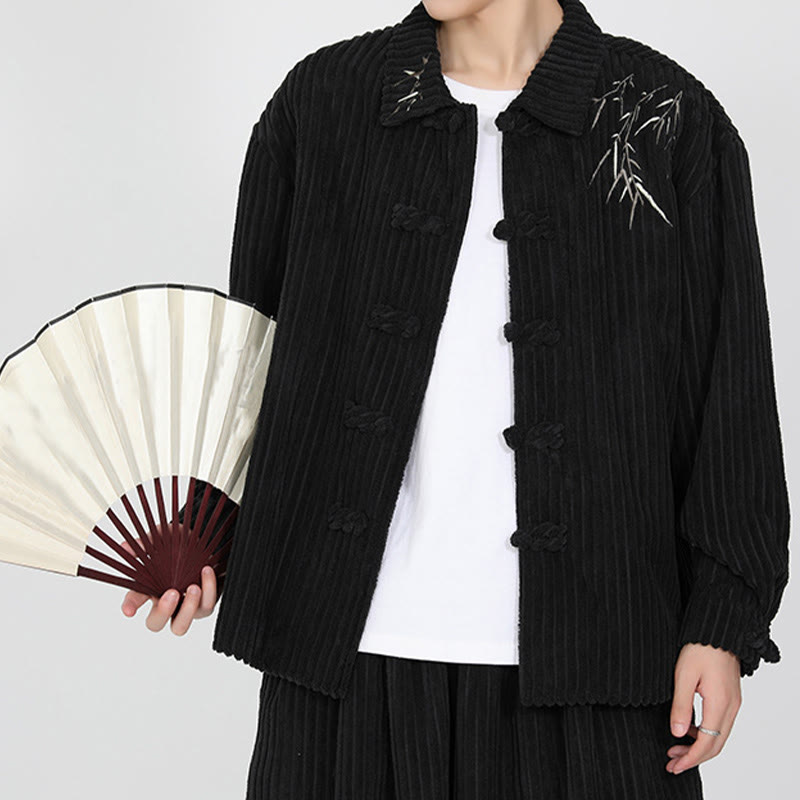 Buddha Stones Embroidery Bamboo Pattern Frog-Button Desgin Long Sleeve Men's Cotton Corduroy Jacket - image 6
