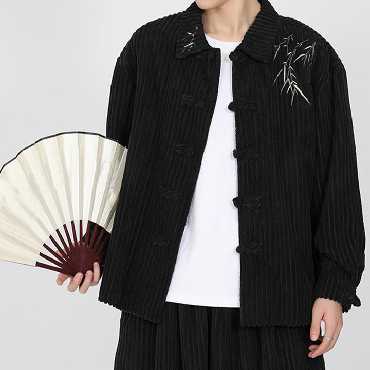 Buddha Stones Embroidery Bamboo Pattern Frog-Button Desgin Long Sleeve Men's Cotton Corduroy Jacket - image 6