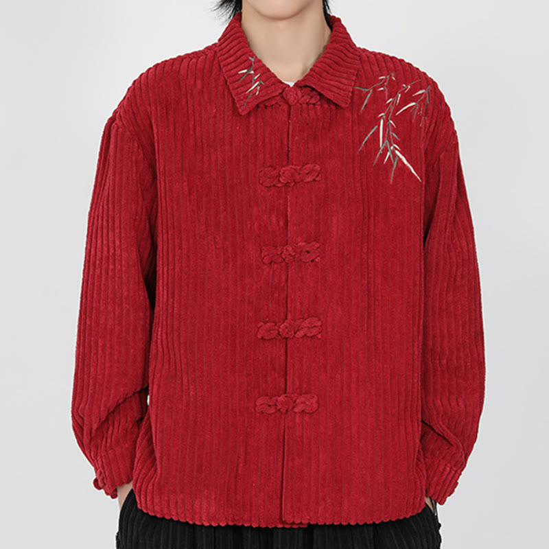 Buddha Stones Embroidery Bamboo Pattern Frog-Button Desgin Long Sleeve Men's Cotton Corduroy Jacket - Crimson - US/UK/AU46，EU56 (5XL) - image 9