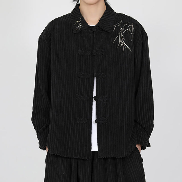 Buddha Stones Embroidery Bamboo Pattern Frog-Button Desgin Long Sleeve Men's Cotton Corduroy Jacket - image 1