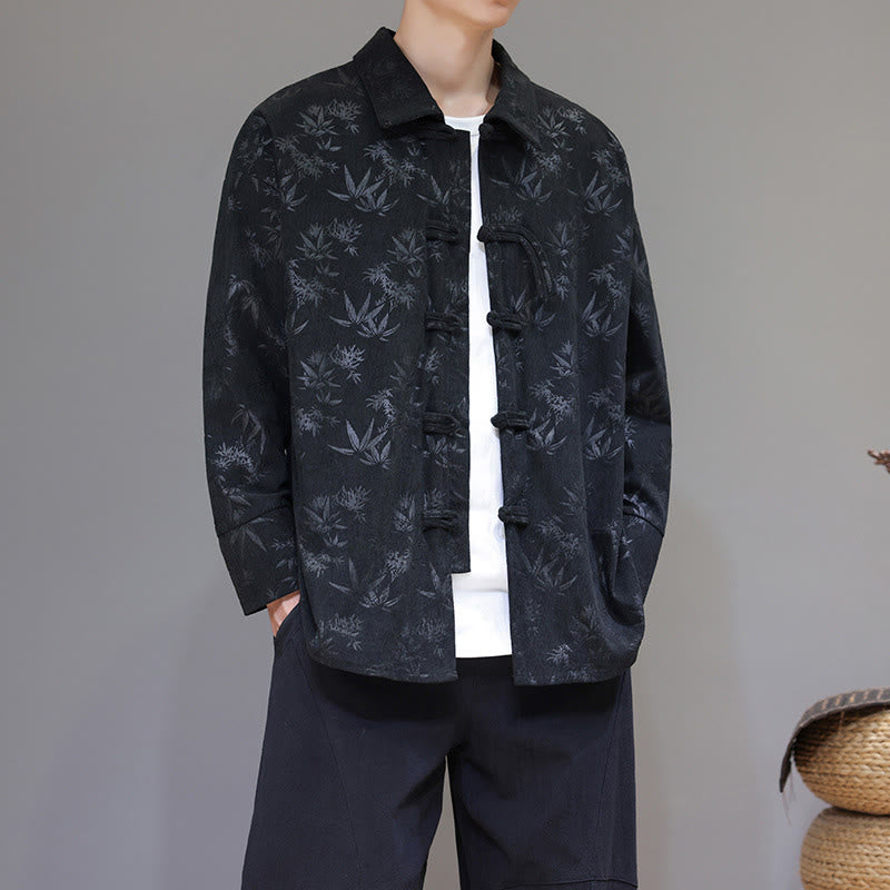 Buddha Stones Jacquard Leaves Pattern Frog-Button Long Sleeve Men's Cotton Tang Suit Jacket - Black - US/UK/AU48，EU58(5XL) - image 0