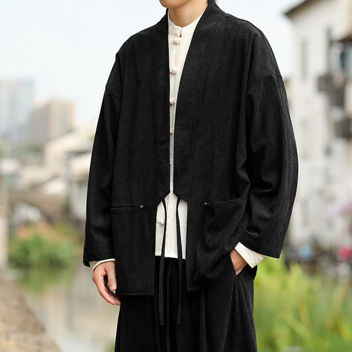 Buddha Stones Solid Color Open Front Long Sleeve Jacket Men's Cotton Corduroy Kimono With Pockets - image 16