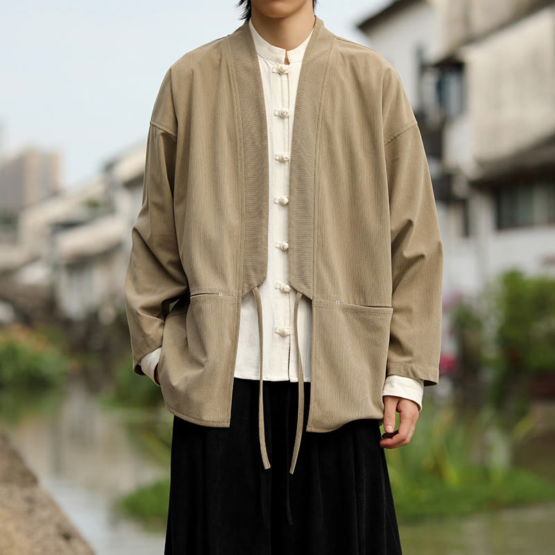 Buddha Stones Solid Color Open Front Long Sleeve Jacket Men's Cotton Corduroy Kimono With Pockets - image 2