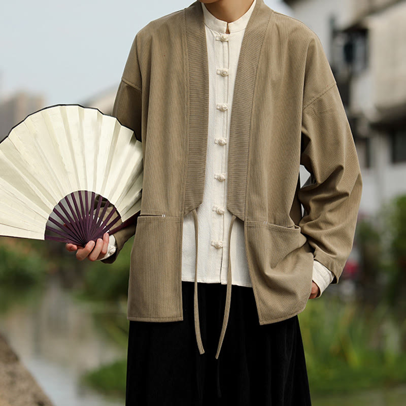 Buddha Stones Solid Color Open Front Long Sleeve Jacket Men's Cotton Corduroy Kimono With Pockets - Tan - US/UK/AU46，EU56 (5XL) - image 0