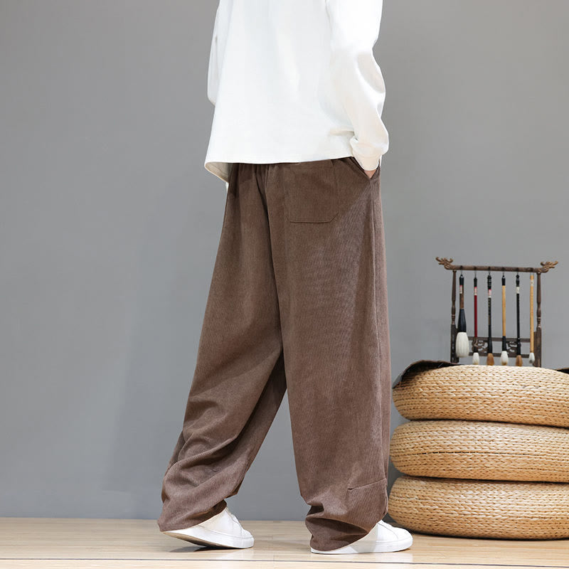 Buddha Stones Plain Color Pure Cotton Corduroy Men's Harem Pants With Pockets - image 4