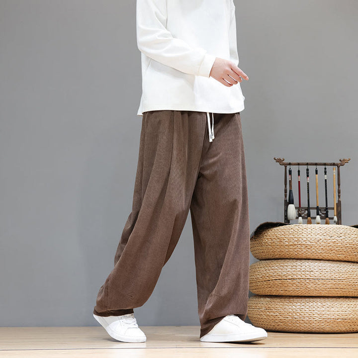 Buddha Stones Plain Color Pure Cotton Corduroy Men's Harem Pants With Pockets - image 1