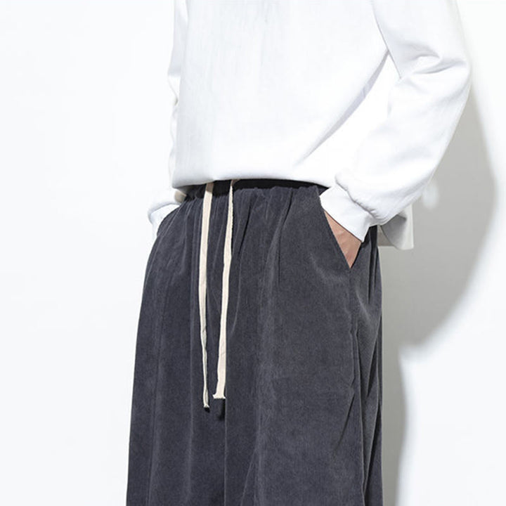 Buddha Stones Plain Drawstring Pure Cotton Corduroy Men's Harem Pants With Pockets - image 21