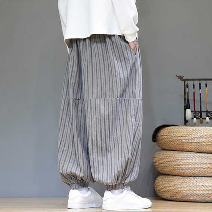 Buddha Stones Fall Striped Pattern Drawstring Men's Harem Corduroy Pants With Pockets - image 48