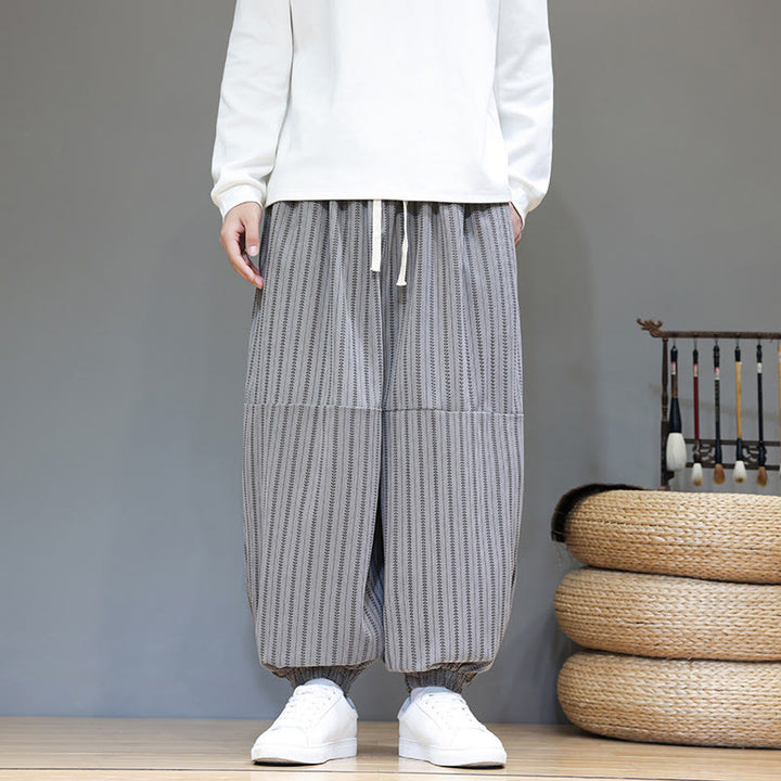 Buddha Stones Fall Striped Pattern Drawstring Men's Harem Corduroy Pants With Pockets - image 42