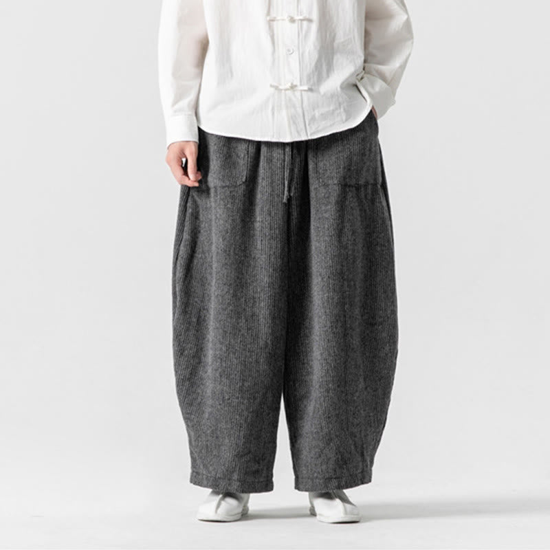 Buddha Stones Daily Solid Color Drawstring Design Men's Wide Leg Cotton Pants With Pockets - image 1