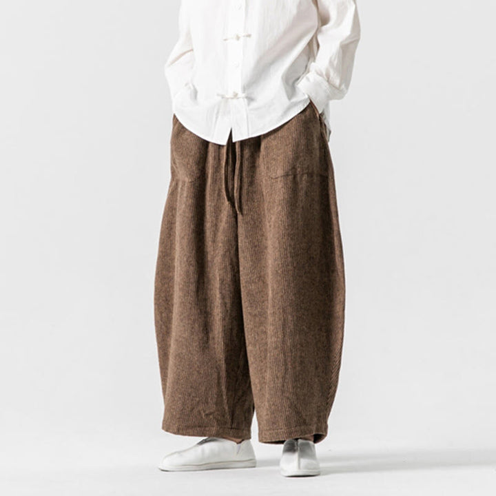 Buddha Stones Daily Solid Color Drawstring Design Men's Wide Leg Cotton Pants With Pockets - image 13