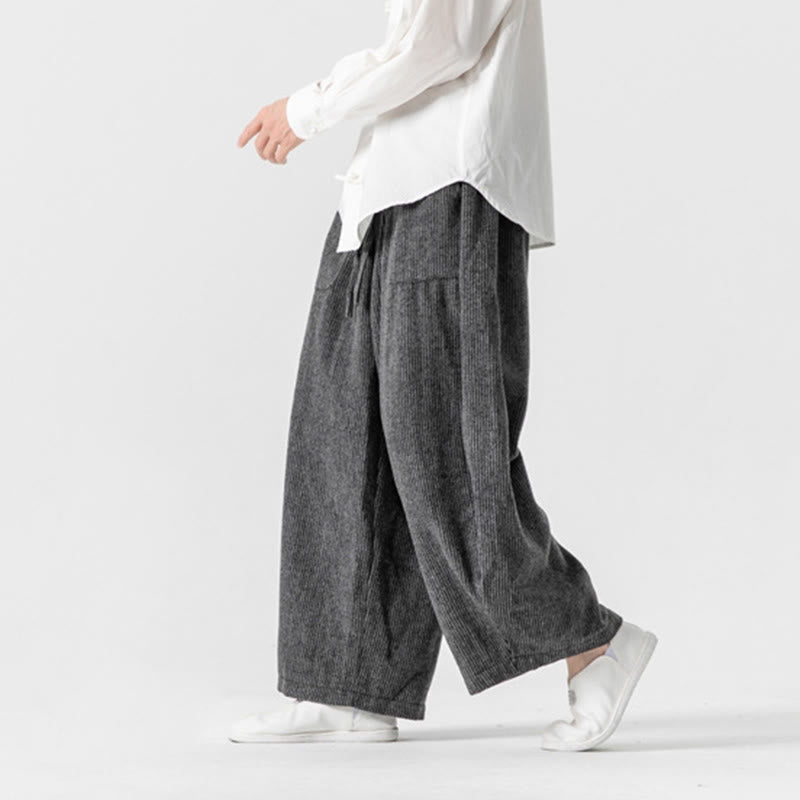 Buddha Stones Daily Solid Color Drawstring Design Men's Wide Leg Cotton Pants With Pockets - image 6
