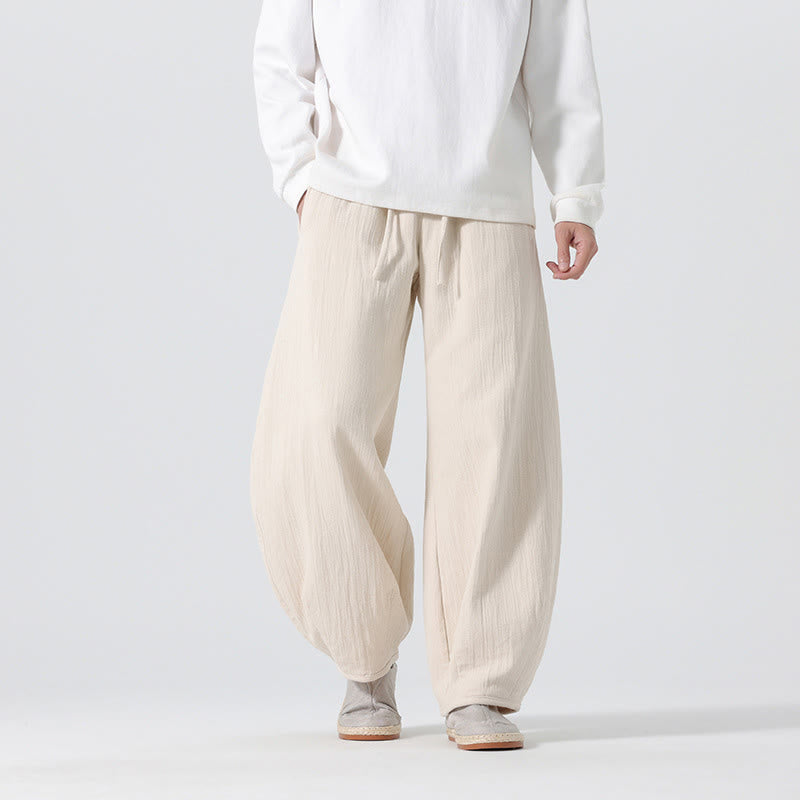 Buddha Stones Daily Drawstring Chinese Zen Style Men's Wide Leg Pure Cotton Pants With Pockets - Beige - US/UK/AU46，EU56 (5XL) - image 0