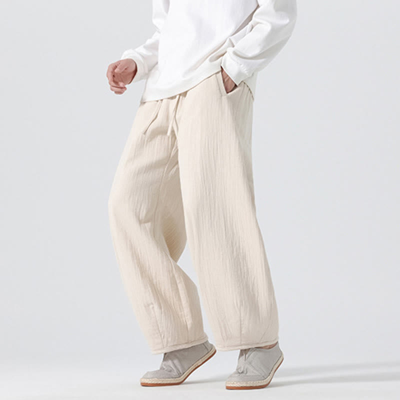 Buddha Stones Daily Drawstring Chinese Zen Style Men's Wide Leg Pure Cotton Pants With Pockets - image 5