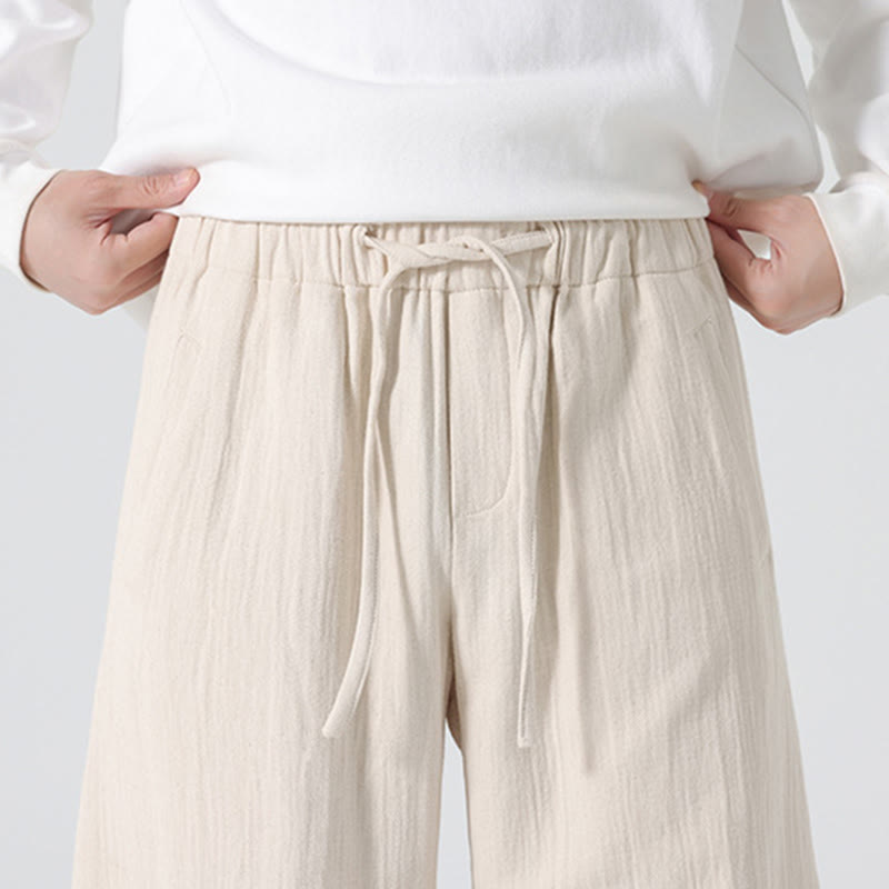 Buddha Stones Daily Drawstring Chinese Zen Style Men's Wide Leg Pure Cotton Pants With Pockets - image 6