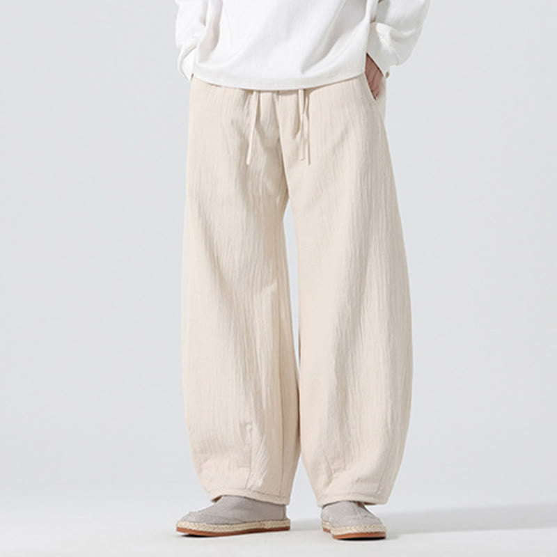 Buddha Stones Daily Drawstring Chinese Zen Style Men's Wide Leg Pure Cotton Pants With Pockets - image 3