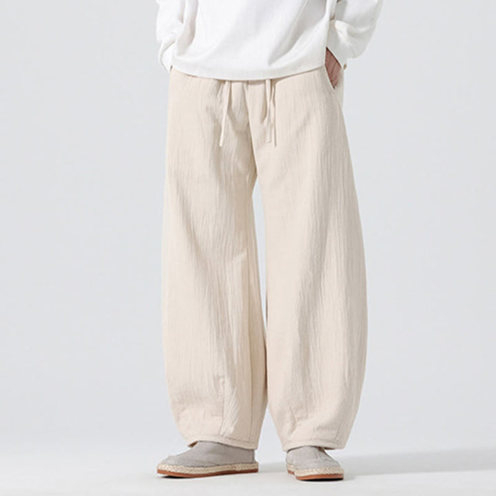 Buddha Stones Daily Drawstring Chinese Zen Style Men's Wide Leg Pure Pants With Pockets - image 3