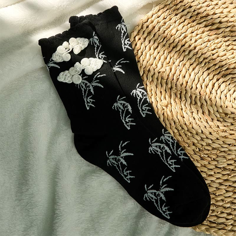 Buddha Stones Chinese Frog-Button Design Jacquard Bamboo Pattern Micro Crew Women's Socks - image 2