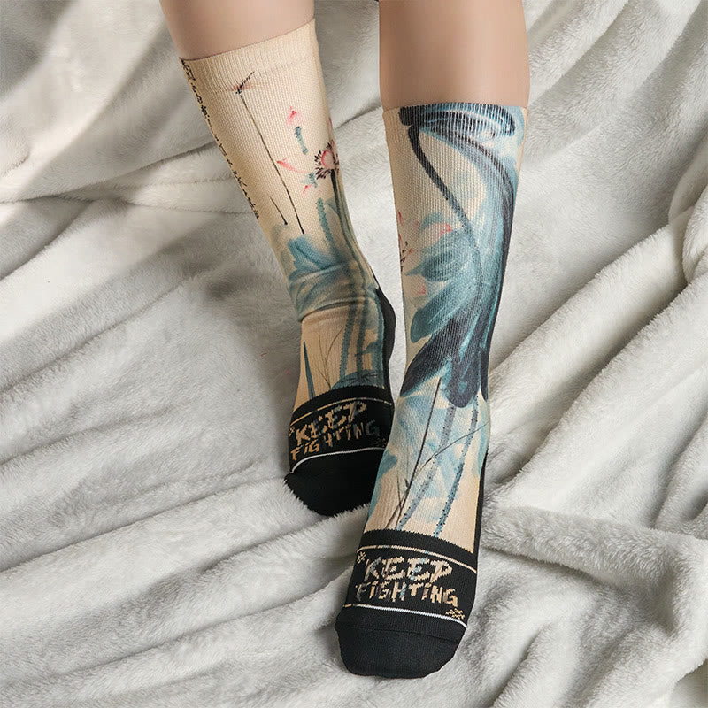 Buddha Stones Casual Lotus Chinese Landscape Painting Micro Crew Men Women Unisex Socks - image 4