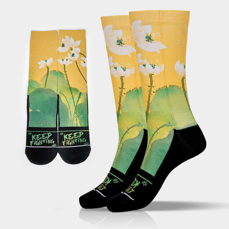 Buddha Stones Casual Beige Lotus Flowers Leaves Micro Crew Men Women Unisex Socks - Gold - One Size Fits Most (US 5-10.5，EU 38-44，UK/AU 5-10.5，AISA 24.5-28cm) - image 0