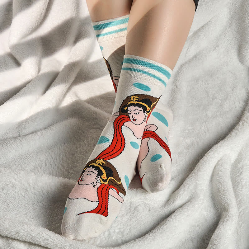 Buddha Stones Casual Dunhuang Feitian Design Micro Crew Women's Socks - White - S(US 4.5-8.5，EU 35-39，UK/AU 2.5-6，AISA 22.5-25cm) - image 0