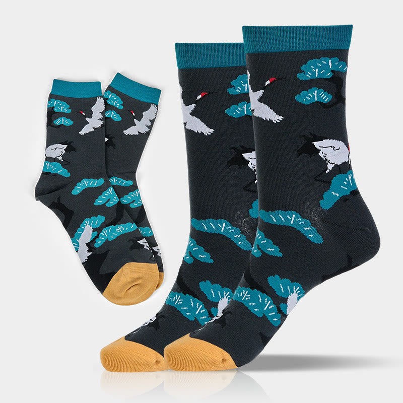 Buddha Stones Casual White Crane Pine Tree Design Micro Crew Women's Socks - Black - S-M (US 5.5-11.5，EU 36–42，UK/AU 3.5-9，Asia 23–26.5 cm) - image 0