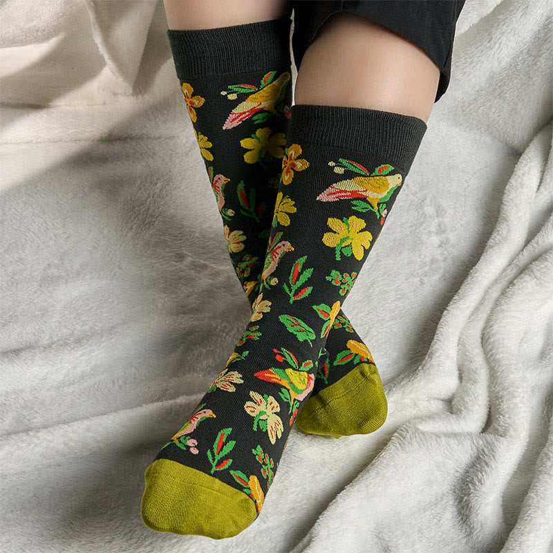 Buddha Stones Blooming Flower Bird Pattern Men Women Unisex Cotton Crew Socks - image 2