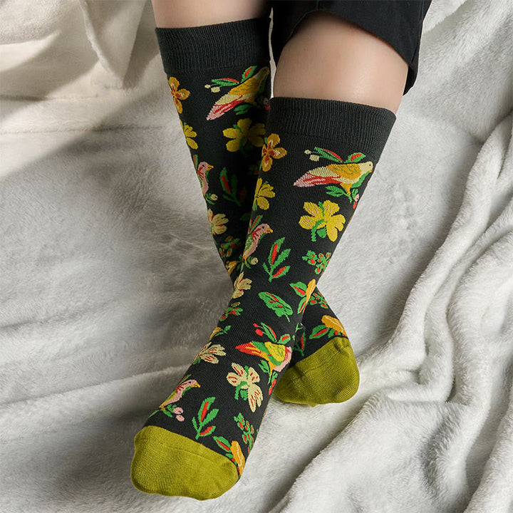 Buddha Stones Blooming Flower Bird Pattern Men Women Unisex Cotton Crew Socks - image 2