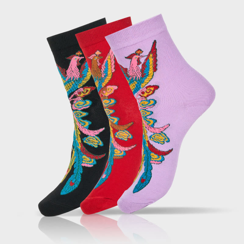 Buddha Stones Casual 3 Pairs Of Multicolored Phoenix Quarter Women's Socks - 3 Pairs (1 Pair Of Each Color) - S-M (US 5.5-8.5，EU 36–40，UK/AU 3.5-6.5，AISA 23–25 cm) - image 0