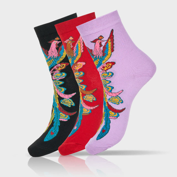 Buddha Stones Casual 3 Pairs Of Multicolored Phoenix Quarter Women's Socks - 3 Pairs (1 Pair Of Each Color) - S-M (US 5.5-8.5，EU 36–40，UK/AU 3.5-6.5，AISA 23–25 cm) - image 0