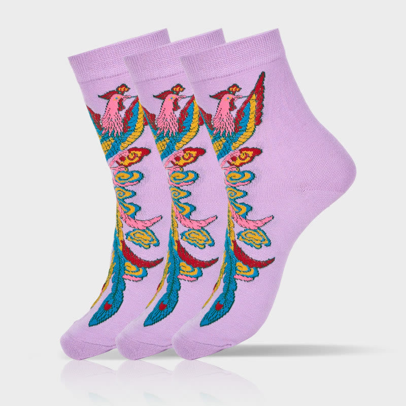 Buddha Stones Casual 3 Pairs Of Multicolored Phoenix Quarter Women's Socks - 3 Pairs Of Purple - S-M (US 5.5-8.5，EU 36–40，UK/AU 3.5-6.5，AISA 23–25 cm) - image 14
