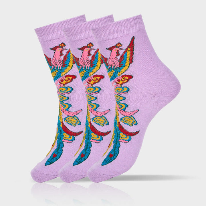 Buddha Stones Casual 3 Pairs Of Multicolored Phoenix Quarter Women's Socks - 3 Pairs Of Purple - S-M (US 5.5-8.5，EU 36–40，UK/AU 3.5-6.5，AISA 23–25 cm) - image 14