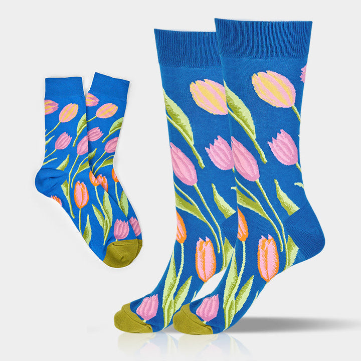 Buddha Stones Mediumblue Tulip Pattern Men Women Unisex Cotton Crew Socks - Tulip - One Size Fits Most (US8–12.5，EU41-46，UK/AU7.5-12，Asia25.5-31cm) - image 0
