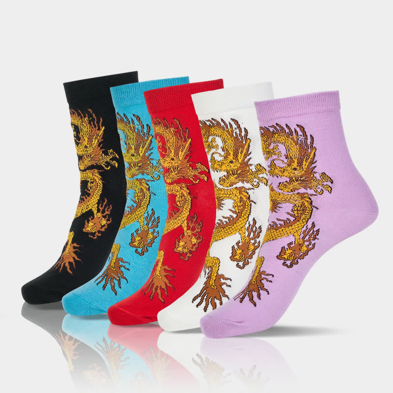 Buddha Stones Casual 5 Pairs of Golden Dragon Quarter Women's Socks - 5 Pairs (1 Pair Of Each Color) - S-M (US 5.5-8.5，EU 36–40，UK/AU 3.5-6.5，Asia 23–25 cm) - image 0