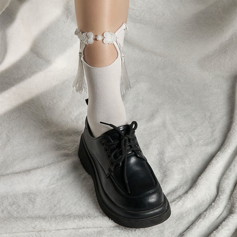 Buddha Stones Pure Color Chinese Frog-Button Tassels Design Women's Micro Crew Cotton Socks - image 7