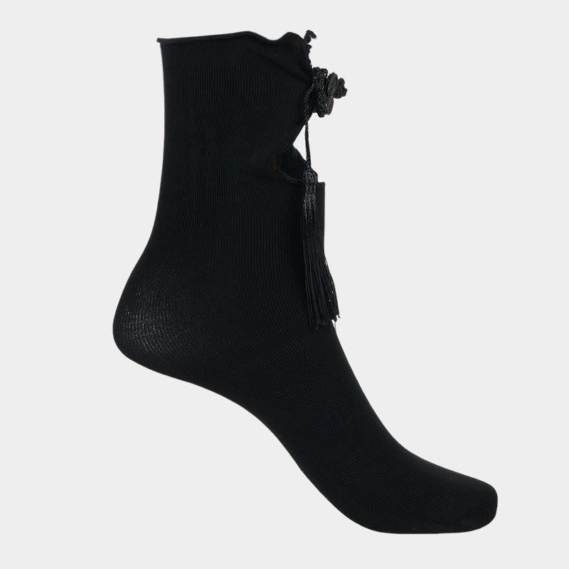 Buddha Stones Pure Color Chinese Frog-Button Tassels Design Women's Micro Crew Cotton Socks - image 5