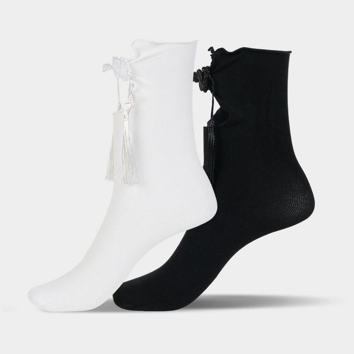 Buddha Stones Pure Color Chinese Frog-Button Tassels Design Women's Micro Crew Cotton Socks - image 11