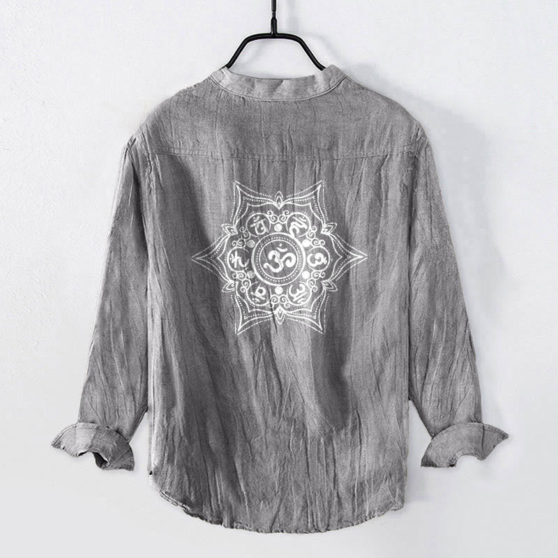 Buddha Stones Om Mani Padme Hum Mandala Half Buttons Design Long Sleeve Men's Cotton Linen Shirt - image 8