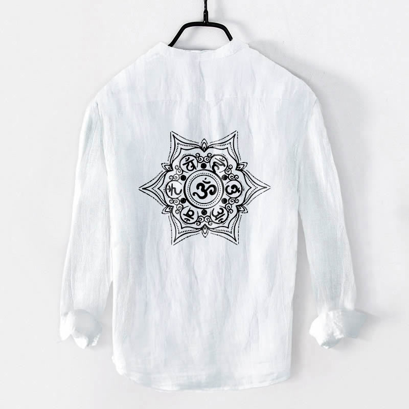 Buddha Stones Om Mani Padme Hum Mandala Half Buttons Design Long Sleeve Men's Cotton Linen Shirt - image 2