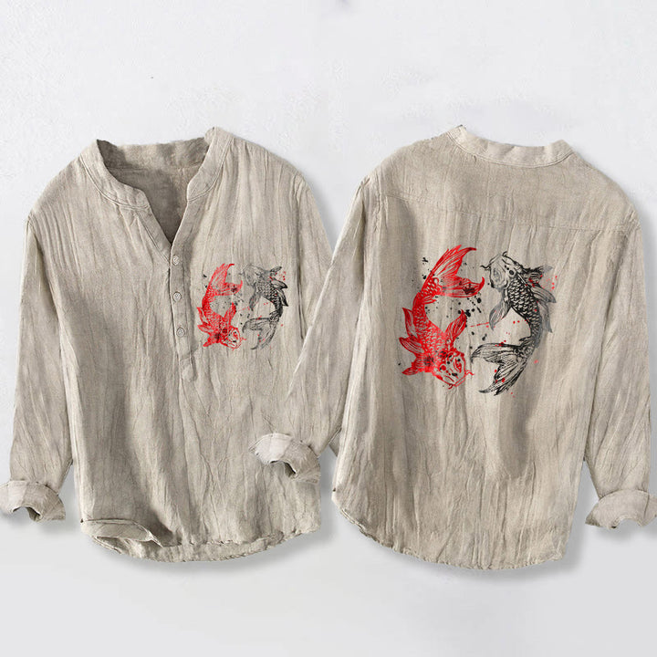 Buddha Stones Yin Yang Koi Fish Pattern Half Buttons Design Long Sleeve Men's Cotton Linen Shirt - Linen - US/UK/AU50，EU60 (5XL) - image 6