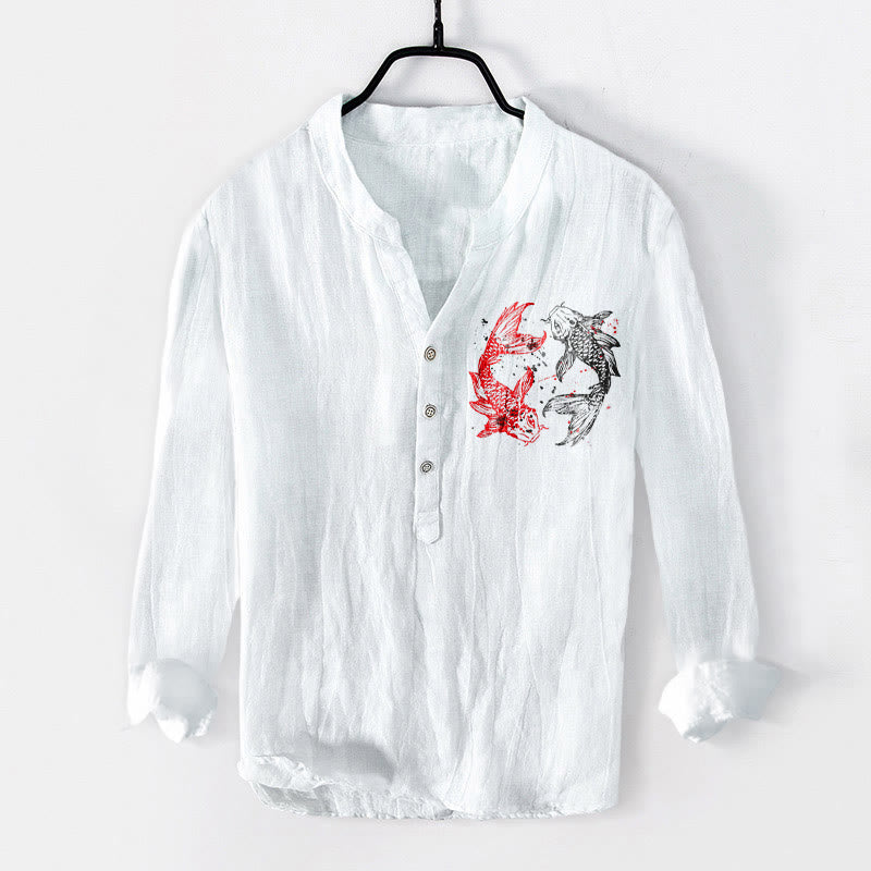 Buddha Stones Yin Yang Koi Fish Pattern Half Buttons Design Long Sleeve Men's Cotton Linen Shirt - image 4