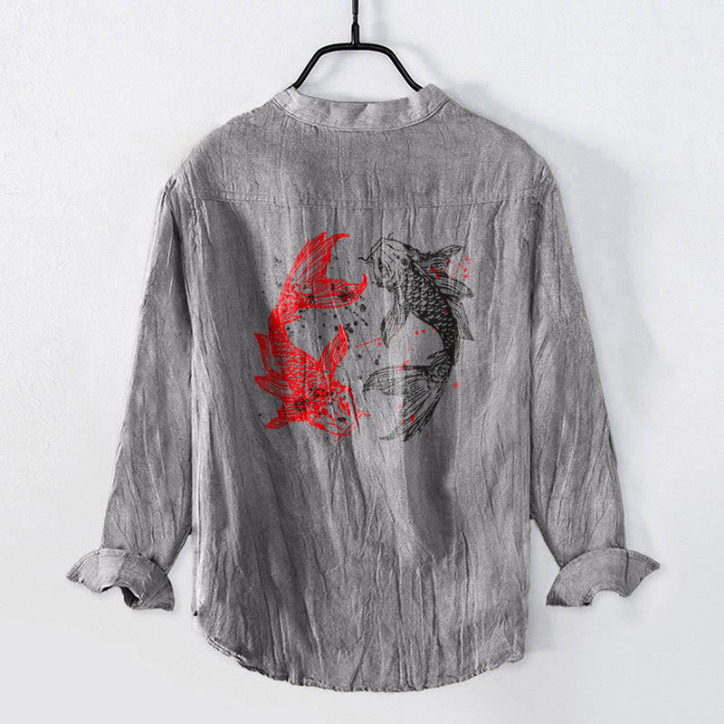 Buddha Stones Yin Yang Koi Fish Pattern Half Buttons Design Long Sleeve Men's Cotton Linen Shirt - image 2