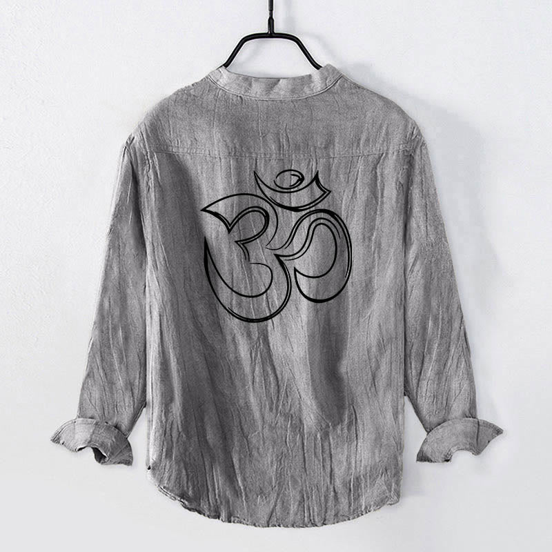 Buddha Stones Plain Om Symbol Pattern Half Buttons Design Men's Cotton Linen Long Sleeve Shirt - image 2